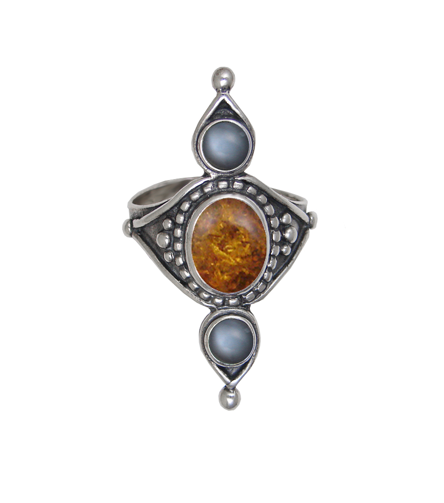 Sterling Silver Royal Ring With Amber And Grey Moonstone Size 7